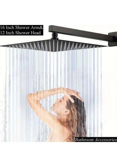 Fastbuy Mat Siyah Tüm Metal Paslanmaz Çelik Duş Başlığı, 40 Cm Uzatma Kolu, 30 Cm Kare Şelale, Yüksek Akış, Kurulum Kiti Mat Siyah