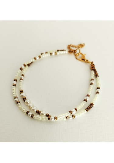 B214 İnci Boncuklu İkili Bileklik Altın - Beyaz