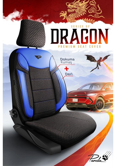 Siyah - Mavi Garni Panda Dragon Serisi Dokuma Kumaş Oto Koltuk Kılıfı - Tam Set