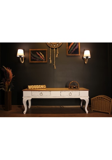 Wooding 120 Cm Masif Naturel Beyaz Oymalı Tv Ünitesi