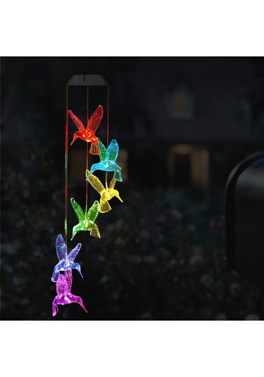 Qingmipy Güneş Enerjili Renk Değiştiren Led Bahçe Rüzgar Çanı - Kuş Figürlü Dekoratif Aydınlatma Şeffaf