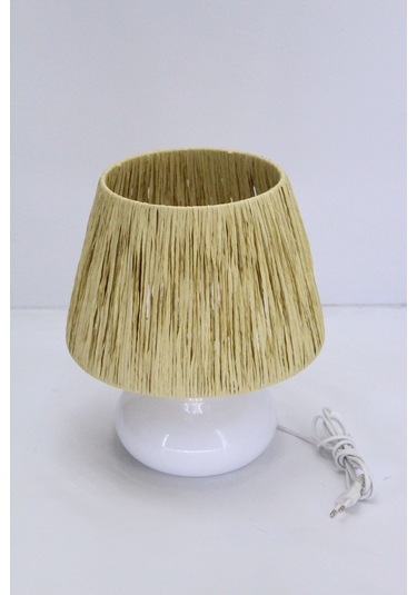 Üzüm Abajur Rafya Başlık Metal Elips Ayak Bej Beyaz