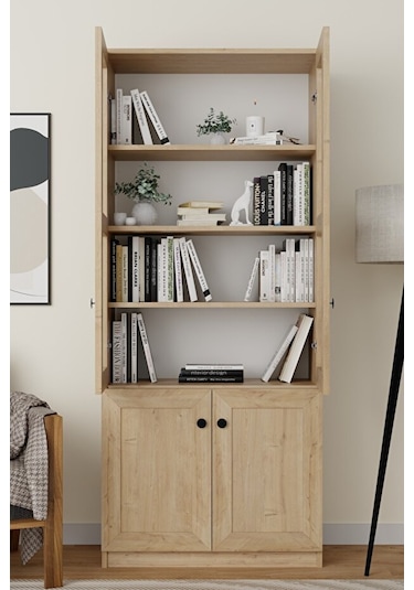 Lisa 4 Kapaklı Safir Meşe Vitrin -kitaplık Ve Çok Amaçlı Dolap Safir Meşe