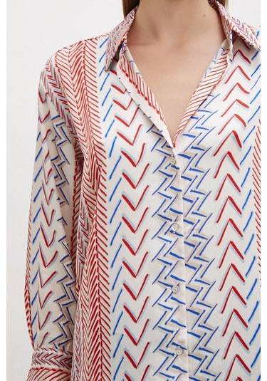 Kadın Uzun Kol Geometrik Desenli Renkli Pamuk Saten Premium Kalite Spor Şık Gömlek Kırmızı