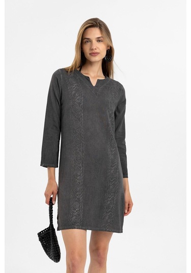 Gri İşlemeli Uzun Kollu Astarsız Pamuklu Kısa Elbise-gri