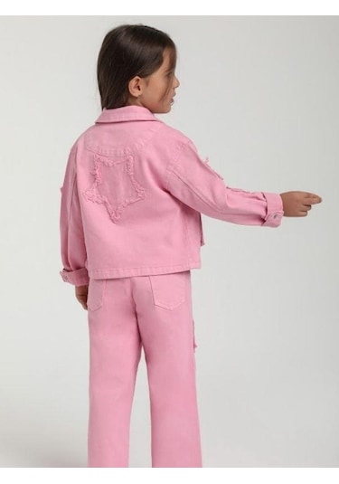 Kız Çocuk Yıldız İşlemeli Cep Detaylı Tasarım Pembe Kot Ceket-15651 Pembe