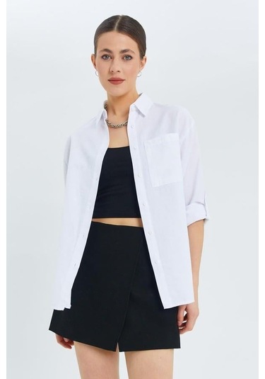 9942 Kadın Oxford Uzun Kol Basic Gömlek Beyaz Beyaz