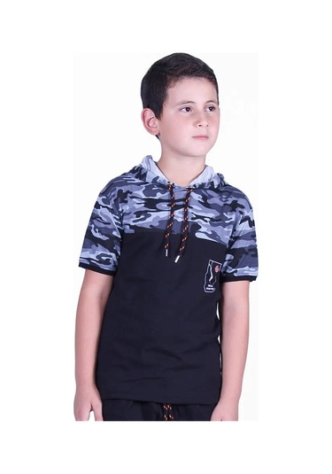 Kamuflaj Desenli Kapşonlu Gri Erkek Çocuk T-shirt Gri