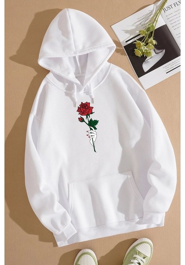Rose Baskılı Sweatshirt Beyaz