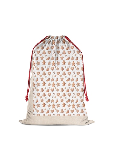 Büyük Noel Baba Hediye Çantası, Pamuklu Kordonlu, Yeniden Kullanılabilir Noel Zencefil Ekmek Kurabiye