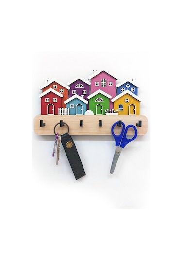 Cajuart Yanyana Renkli Evler Ahşap Dekoratif Duvar Askısı Anahtarlık Modern Dekor