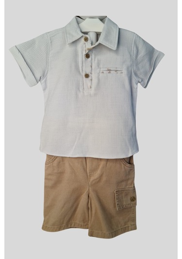 2'li Erkek Çocuk Açık Mavi Gömlek Kahve Sortlu Takım-1360 Mavi