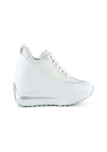 Erkan Saçmacı Tatyana Plus Beyaz Rugan Taşlı Bağcıklı Gizli Dolgu Topuklu Günlük Ayakkabı Beyaz