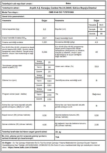 Beko CMB 9140 OG 9 KG 1400 Devir Çamaşır Makinesi