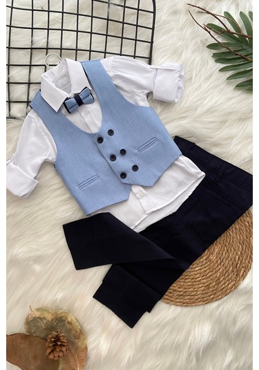 Yelekli Papyonlu 6 Düğme Çocuk Takım Elbise Mavi