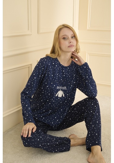 Mihra Kadın Pijama Takımı Uzun Kol Mevsimlik Lacivert