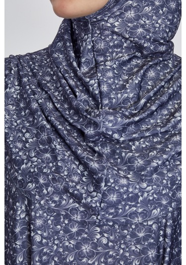 Pratik Tek Parça Çiçek Desenli Namaz Elbisesi Lacivert