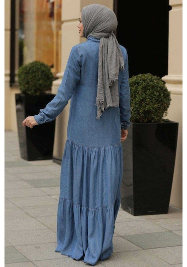 Neways 6564-Büzgülü Düğmeli Elbise Koyu Mavi