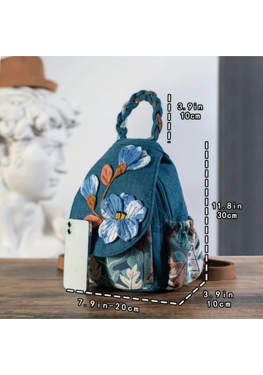 Fochsia Bohemian Mavi Çiçek Desenli Crossbody Sırt Çantası Ayarlanabilir Askı Çok Bölmeli Mavi