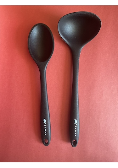 Sert Uçlu Silikon Kaşık Seti 2 Prç 28cm Kaşık 28cm Kepçe Siyah