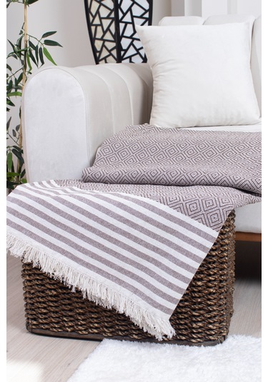 Pamuklu Püsküllü Elmas Desenli Koltuk Örtüsü 170x210 Cm Dekoratif Kanepe, Yatak Ve Tv Örtüsü Kahverengi