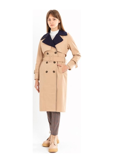 Pastelastore Pamuk Gabardin Uzun Çift Renk Garnili Kadın Trençkot 1114 Açık Bej