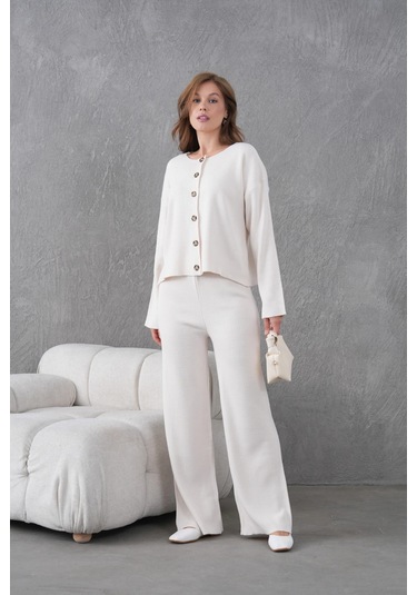 Kadın Bisiklet Yaka Düğme Kapama Kaşkorse Ceket Pantolon İkili Triko Takım Taş