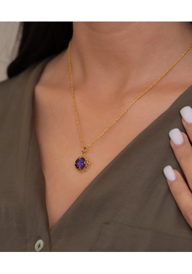 Bayar Gold 14 Ayar Altın Mor Güneş Taşlı Kolye Sarı Altın