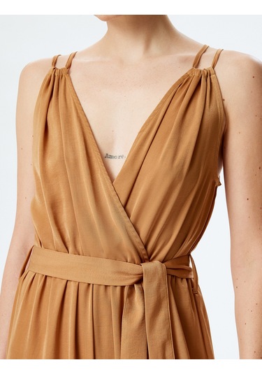 Koton Kemerli Çift Askılı Kruvaze Kolsuz Uzun Tulum Kahverengi 5sak40174pw Kahve