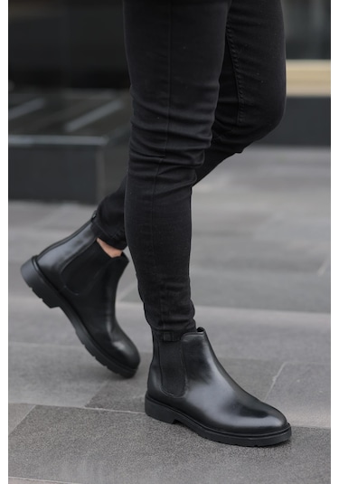 Shoetyle - Siyah Hakiki Deri Erkek Chelsea Bot-719-siyah Siyah
