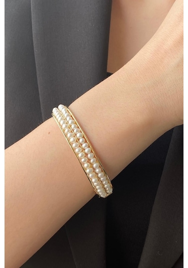 Kadın Çift Sıralı Doğal İncili Kelepçe Bilezik 64 / Sarı Sarı Sarı Altın