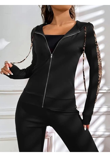 Kadın Uzun Kollu Kapşonlu Fermuarlı Bağcıklı Viskon Iki Iplik Bluz Ve Pantolon Tayt Siyah