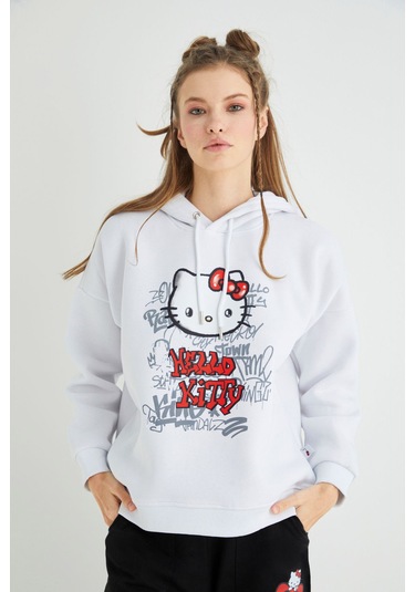 Hello Kitty Lisanslı Baskılı Kapüşonlu Kalın Sweatshirt Renkli