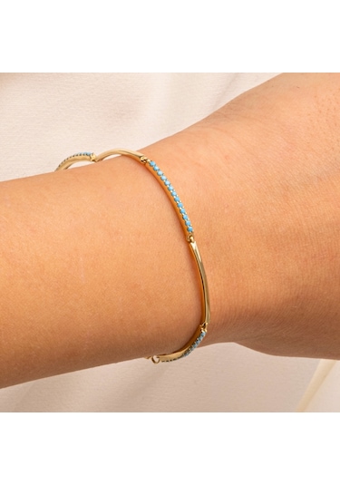 Gümüş Bileklik - Sıra Firuze Turkuaz Taşlı Modern Tasarım Şık 925 Ayar Gümüş Bileklik Gümüş