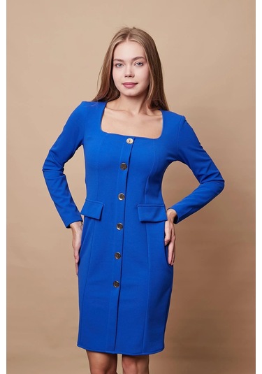 Kadın Likralı Krep Kumaş Kare Yaka Uzun Kol Önü Düğmeli Ofis Ceket Elbise-sax Sax