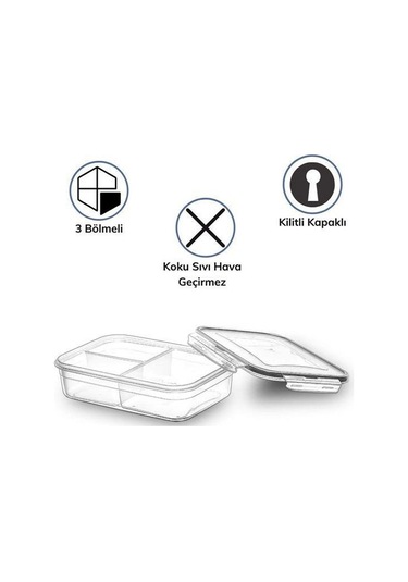 3 Bölmeli Kilitli Kapaklı 1 Litre Erzak Saklama Kabı Lc-510 Şeffaf