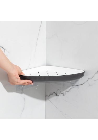 Porsima 0447 3'lü İstiridye Banyo Köşe Rafı Yapışkanlı Raf Antras Antrasit