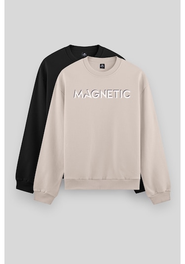 Rahat Form O Yaka 2li Paket Siyah-camel Erkek Sweatshirt - 88020 Siyah - Yeşil