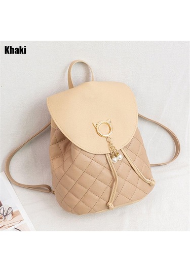 Kadın Küçük Mini Çocuk Pu Deri Bağcıklı Öğrenci Kitap Çantaları Sırt Çantası Khaki Haki