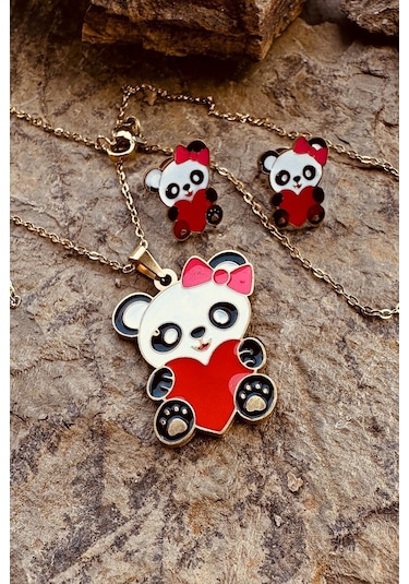 Kalpli Panda Model Mineli Gold Altın Renk Paslanmaz Çelik Kolye Küpe Set
