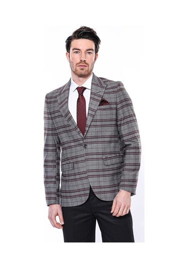 Ekose Desenli Slim Fit Bordo Erkek Ceket 001