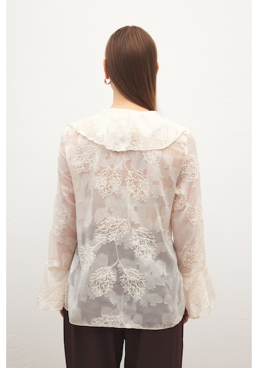 Sateen Fırfır Detaylı Nakışlı Gömlek - Bej-137182 bej