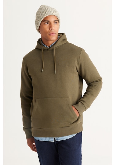 Erkek Hakı-sıyah Pamuklu Standart Fit Normal Kesim Kapüşonlu Kanguru Cepli Eşofman Takımı Hakı-sıyah