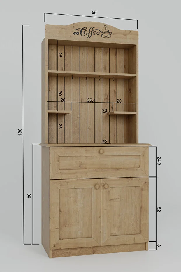 Lucas 2 Kapaklı Çekmeceli Kahve Köşesi Ve Çok Amaçlı Mutfak Dolabı - Safir Meşe Safir Meşe
