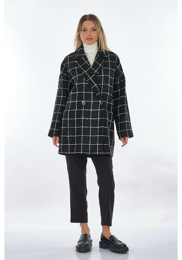 Perspective Kruvaze Yaka Ekose Desenli Siyah-Beyaz Kadın Kaban 24250702 001