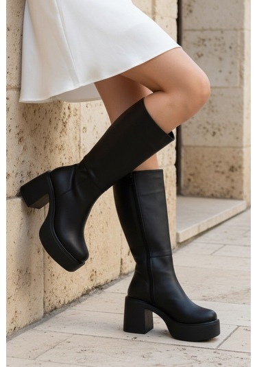 Ventes Kalın Taban Topuklu Fermuarlı Diz Altı Sade Klasik Kadın Çizme 914303-z Siyah Cilt