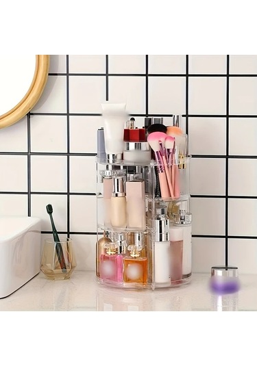 Elmpaly 1 Adet Dönebilir Kozmetik Masaüstü Organizatörü, 360 Derece Döner Ayarlanabilir Yükseklik, Büyük Kapasiteli Şeffaf Makyaj Saklama Standı Şeffaf