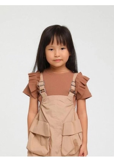 Kız Çocuk Büyük Cepli Askılı Salopet-14133 Camel