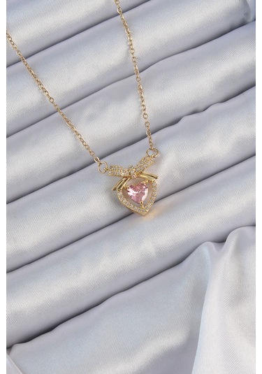 316l Çelik Zincir Altın Renk Pembe Zirkon Taşlı Fiyonklu Kalp Kolye - Tj-bko9173 Gümüş