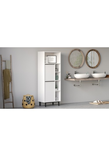 Robin Home Lidya Banyo Dolabı Çok Amaçlı Dolap 2 Kapaklı Metal Ay Beyaz